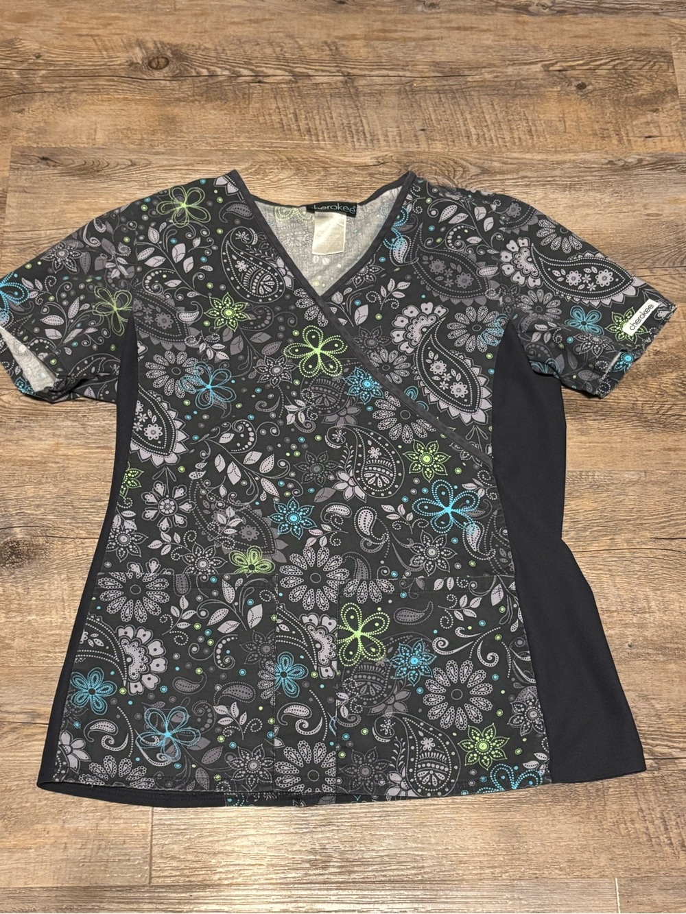 Grey Cherokee Floral-Print V-Neck Scrub Top with Contrast Panels